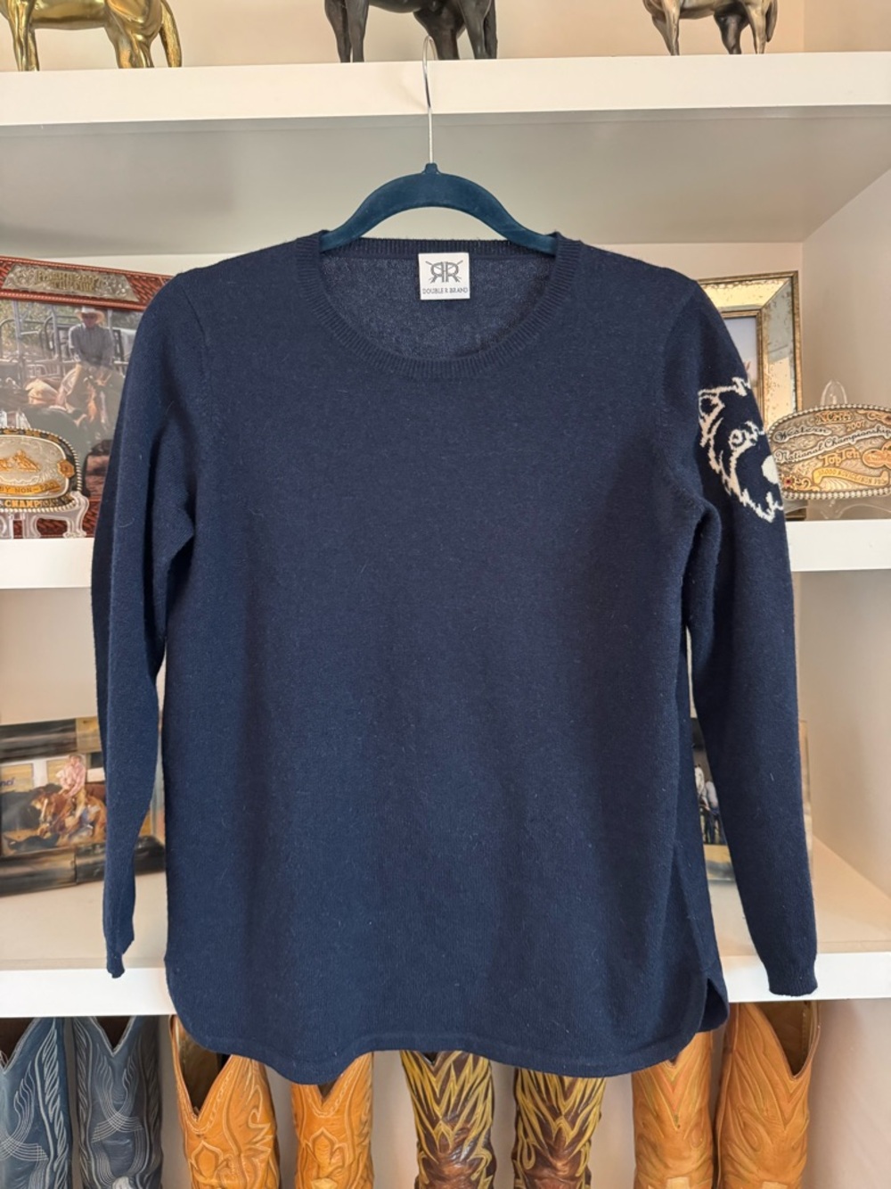 Ravi Ratan Navy Cashmere Sweater with Doggie on Sleeve